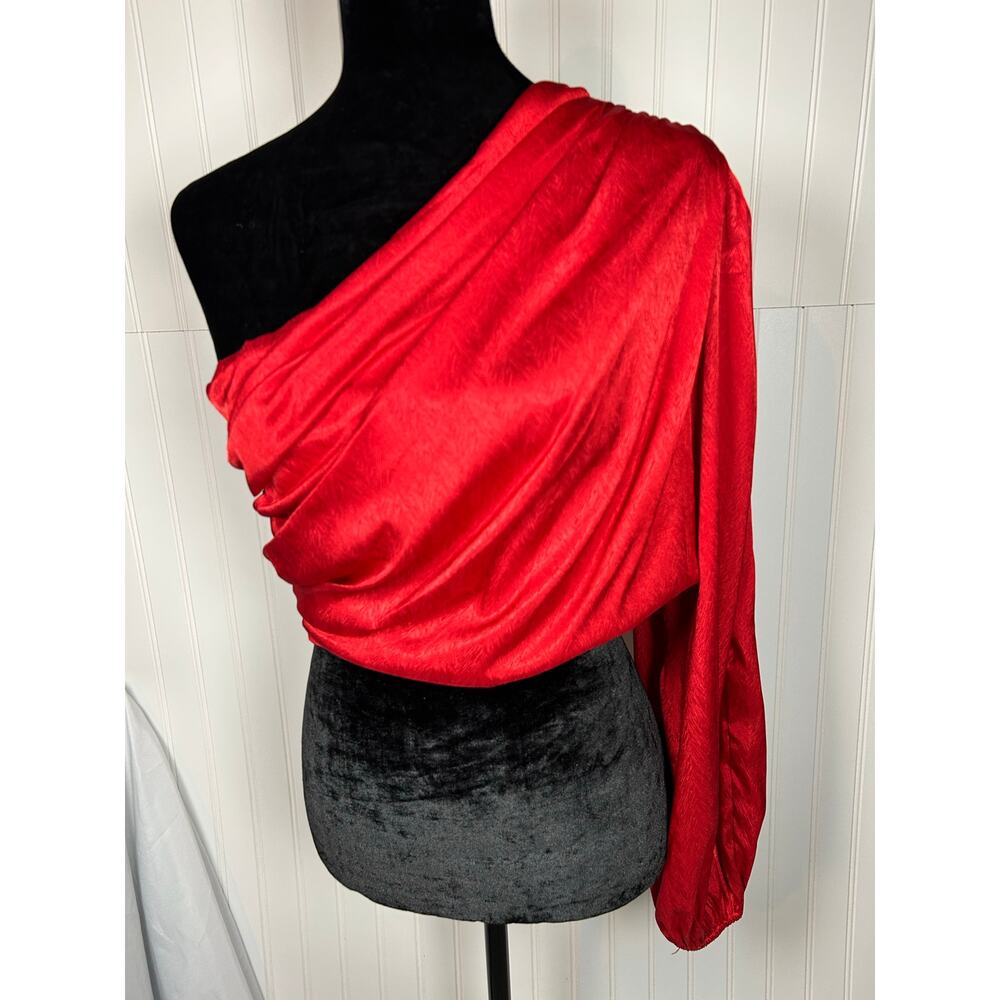 Off shoulder, missing sleeves, asymmetrical, red silky satin evening, blouse SzM